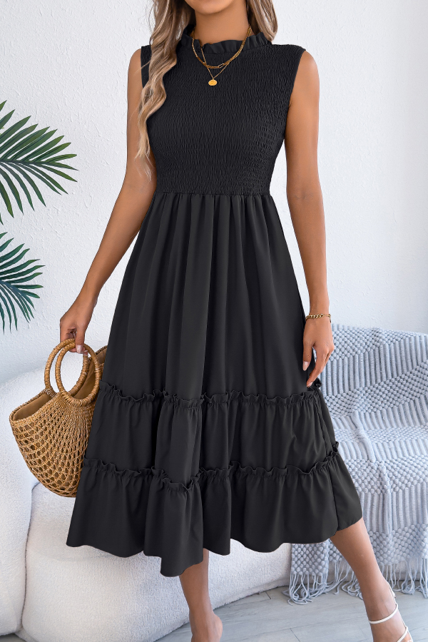 Solid Color Sleeveless Tucked Patchwork Casual Midi Dress-consonak