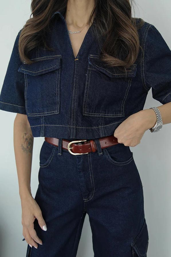 Free Breeze Denim Short Sleeve Pocket Croped Shirt Top-consonak