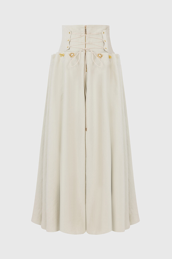 Custom Look Linen Blend Unique Metal Pattern Buttons Lace-up Waist Crisp Hem Maxi Skirt | Consonak