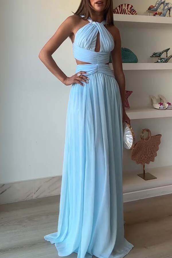 Graceful Modern Chiffon Twist Halter Neck Cutout Pleated Maxi Dress-consonak