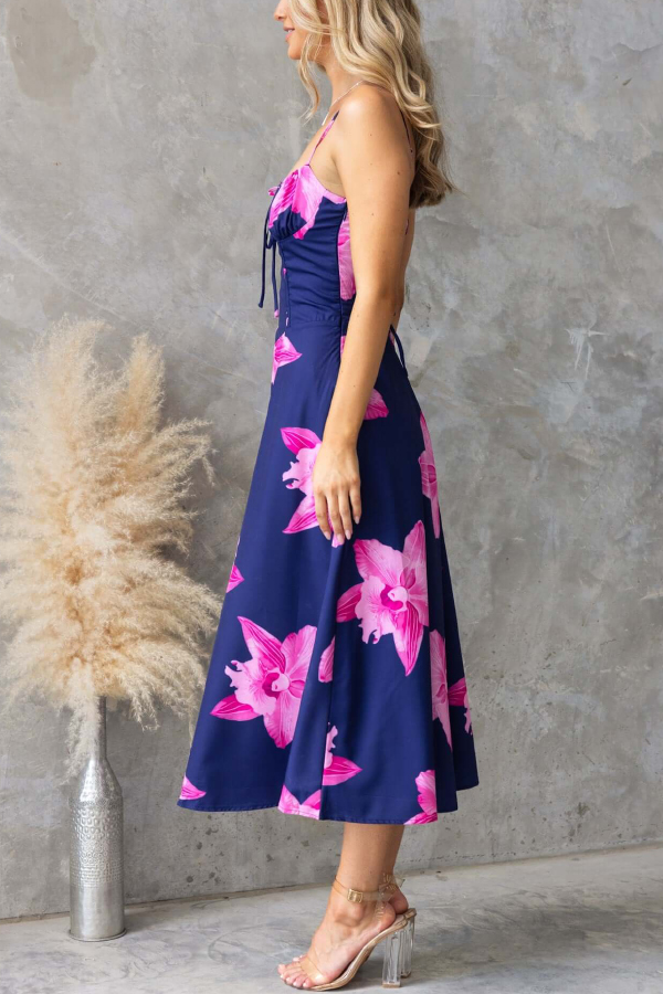Floral Print Spaghetti Strap Backless Tie-up Elegant Slim-fit Midi Dress-consonak