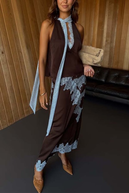 Sunday Social Contrast Color Satin Lace Trim Mid Rise Maxi Skirt-consonak