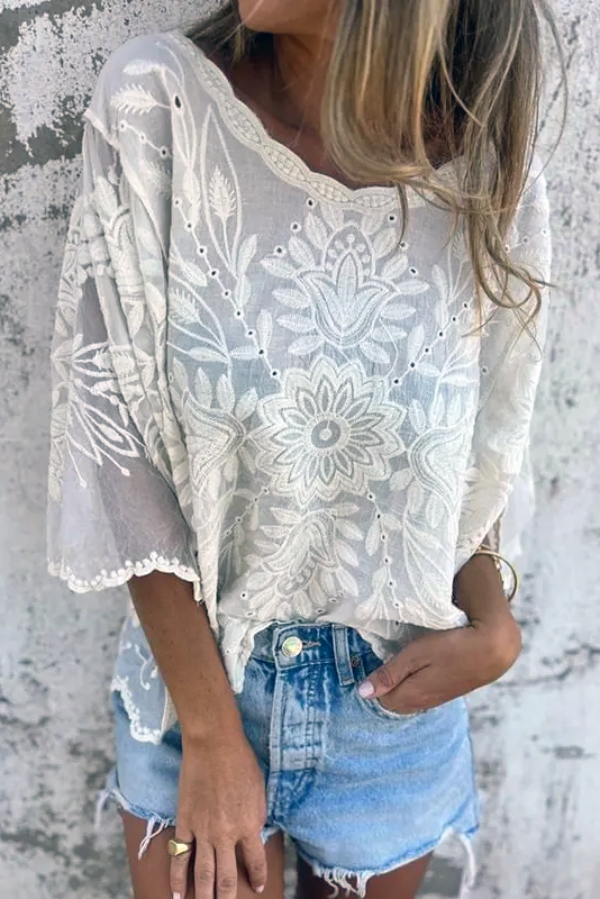 Fashionable Embroidered Floral Pattern Loose-fitting Openwork Casual Top | Consonak