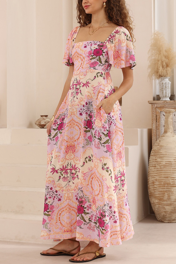 Plant Print Short-sleeved Square Neck Casual Pocket Holiday Midi Dress-consonak