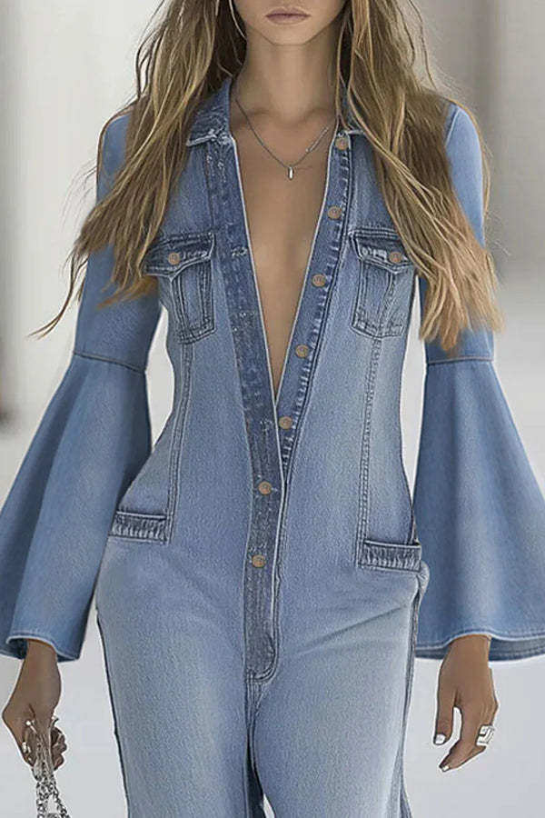 Stylish Bell Sleeves Single-breasted Casual Denim Jumpsuit-consonak
