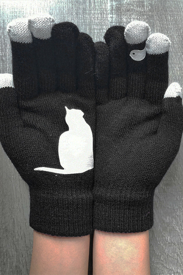 Cat and Bird Print Gloves-consonak