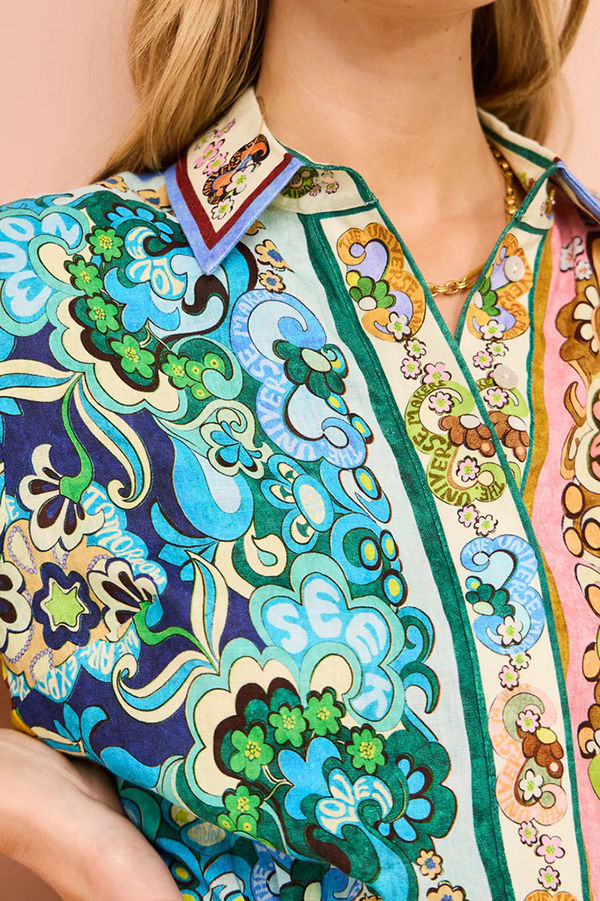 Sasha Linen Blend Unique Printed Shirt Style Tie-waist Mini Dress-consonak