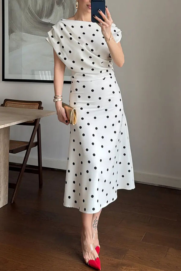 Adelah Polka Dot Print One Shoulder Ruched Short Sleeve Midi Dress