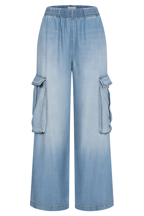 Winnie Denim Mid Rise Elastic Waist Flap Pockets Wide Leg Cargo Pants