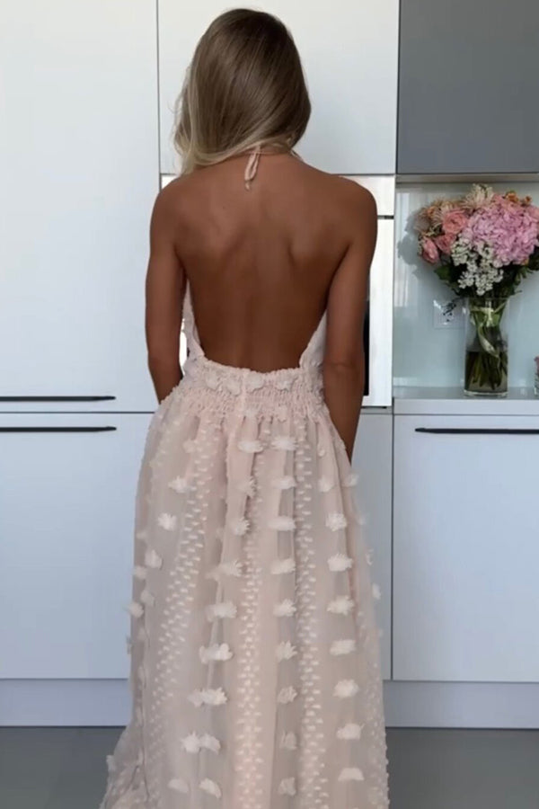 Gloria Embroidery Flowers Elastic Waist Halter Backless Slit Maxi Dress-consonak