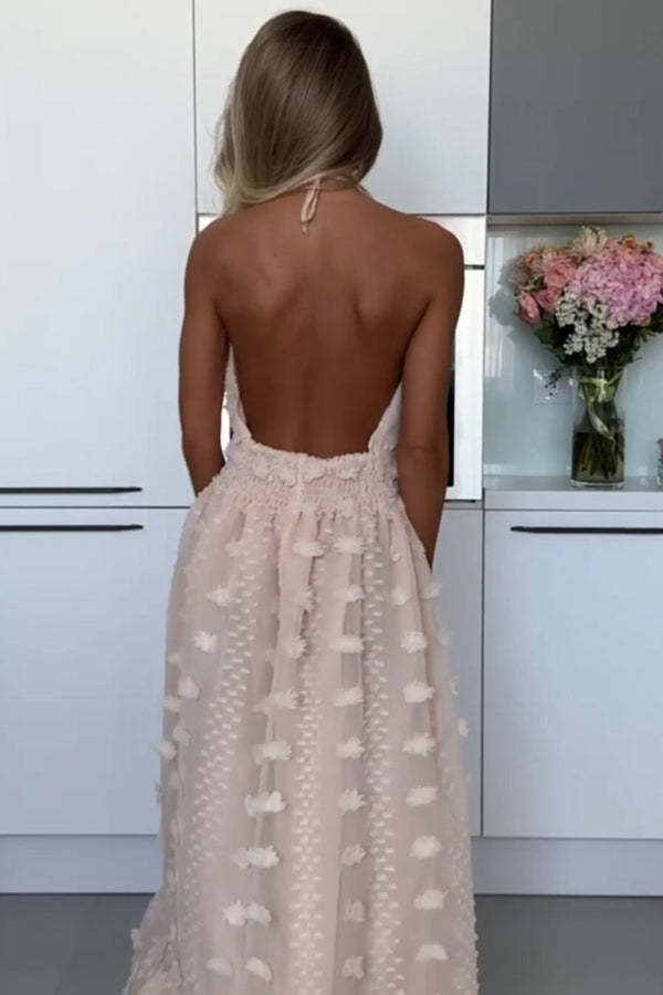 Gloria Embroidery Flowers Elastic Waist Halter Backless Slit Maxi Dress-consonak