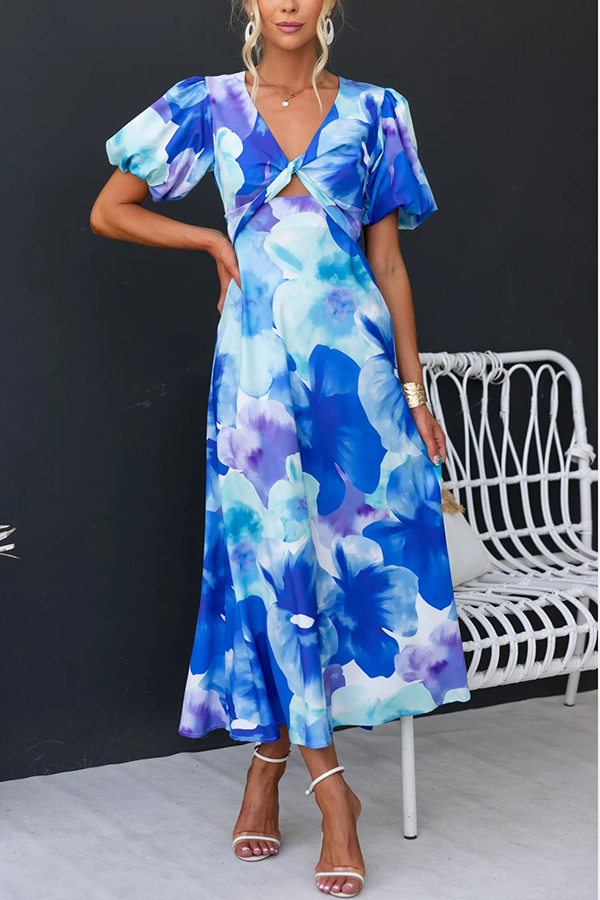 Sophia Floral Print Satin Puff Sleeve Twist Bust Cutout Midi Dress-consonak