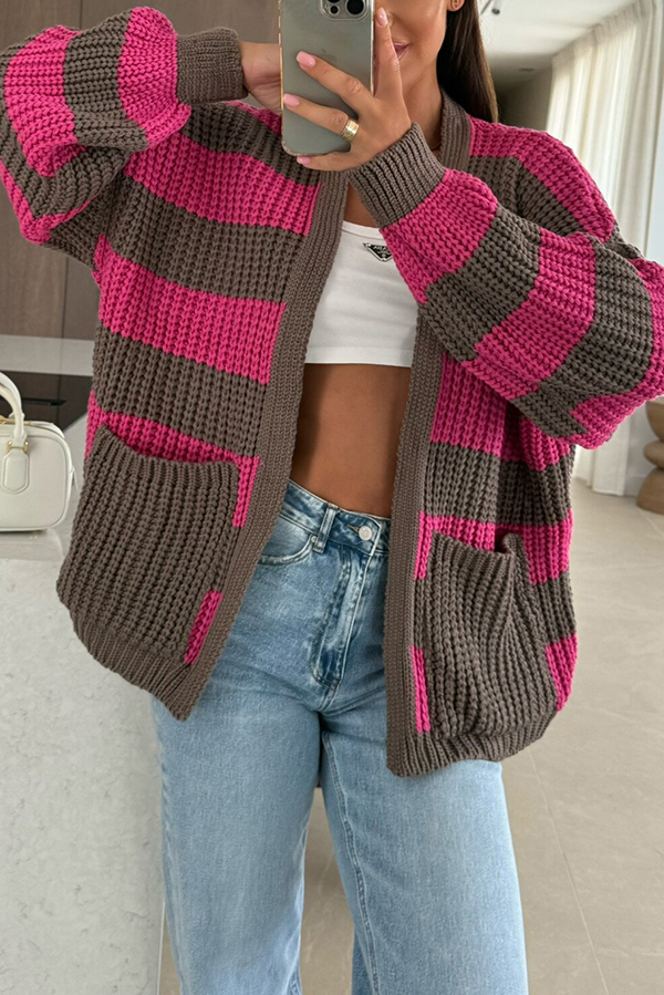 Fashionable Patchwork Striped Casual Pocket Knitted Sweater-consonak