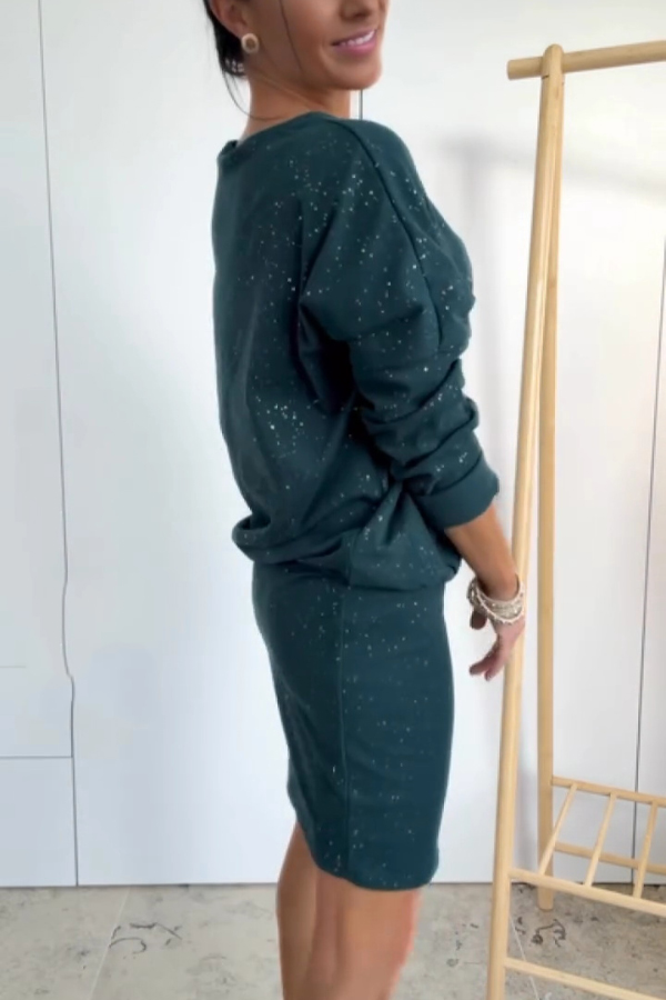 Solid Color Sparkly Round Neck Long Sleeve Casual Mini Dress