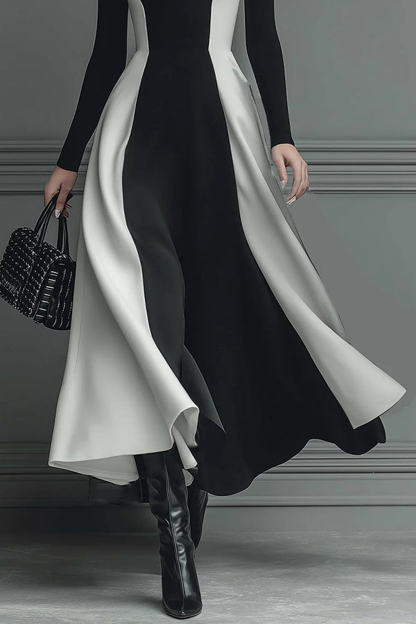 Stylish Color-blocked Turtleneck Long-sleeved Slim-fit Midi Dress-consonak