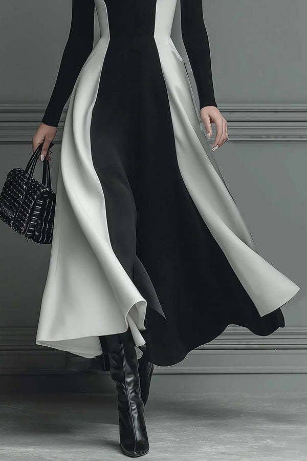 Stylish Color-blocked Turtleneck Long-sleeved Slim-fit Midi Dress-consonak