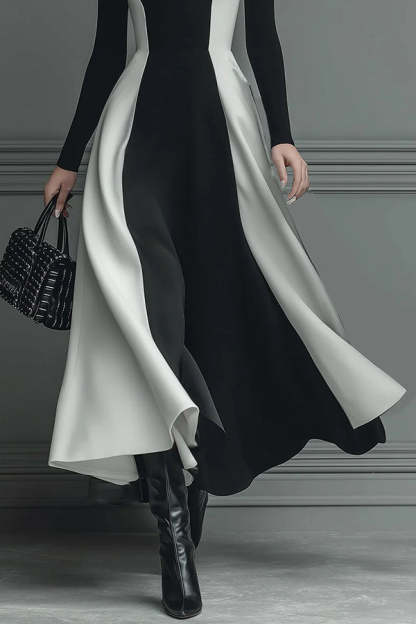 Stylish Color-blocked Turtleneck Long-sleeved Slim-fit Midi Dress-consonak