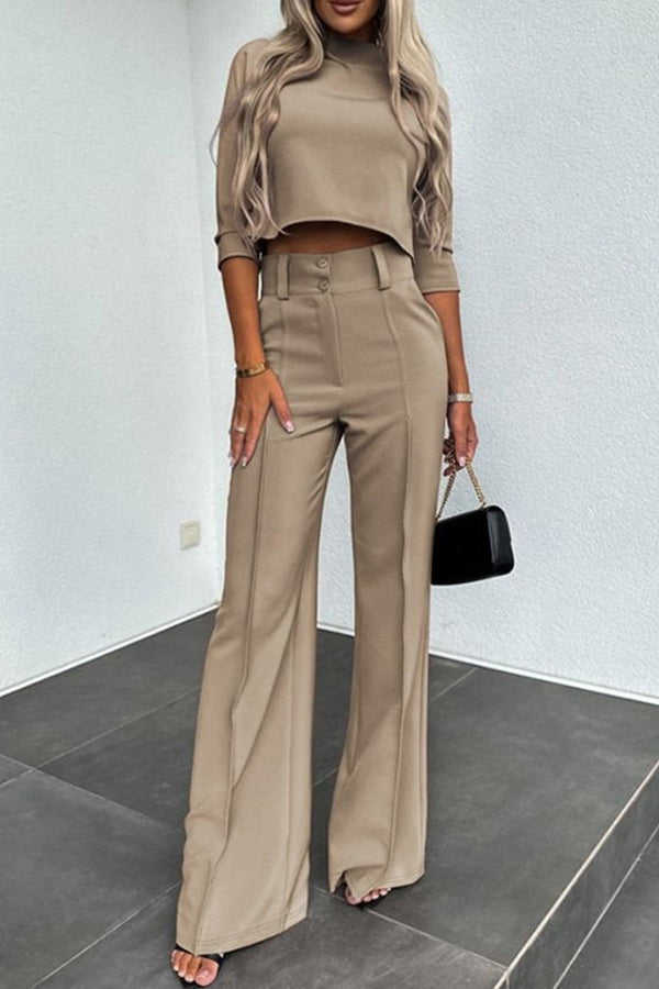 Luisa High Neck Half Sleeve Crop Top and High Rise Pocketed Flare Pants Set | Consonak
