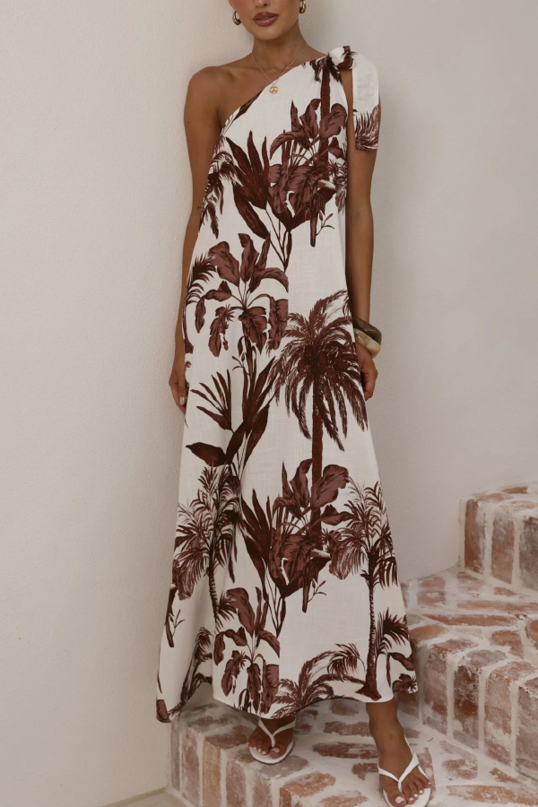 Botanical Print Sleeveless One-shoulder Casual Vacation Maxi Dress-consonak
