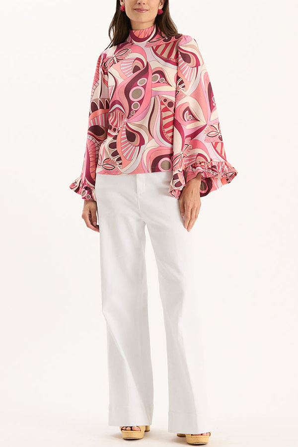 Sarah Unique Print High Neck Ruffle Bell Sleeve Top and Elastic Waist Pocket Loose Pants Set-consonak