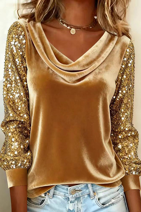 Stylish Velvet Sequin Patchwork Long-sleeved Casual Top-consonak