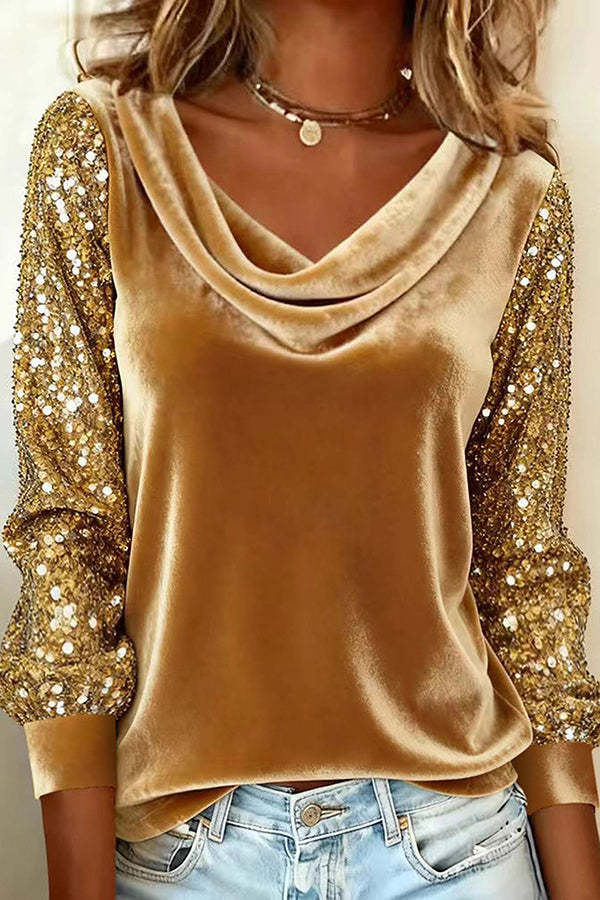 Stylish Velvet Sequin Patchwork Long-sleeved Casual Top-consonak