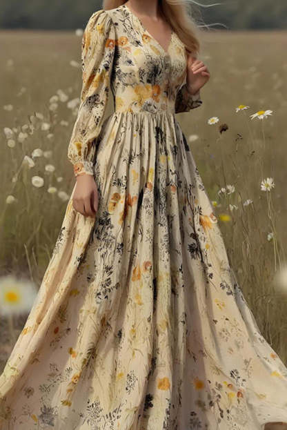 Floral Print Long-Sleeved Fitted Waist Casual Holiday Maxi Dress-consonak