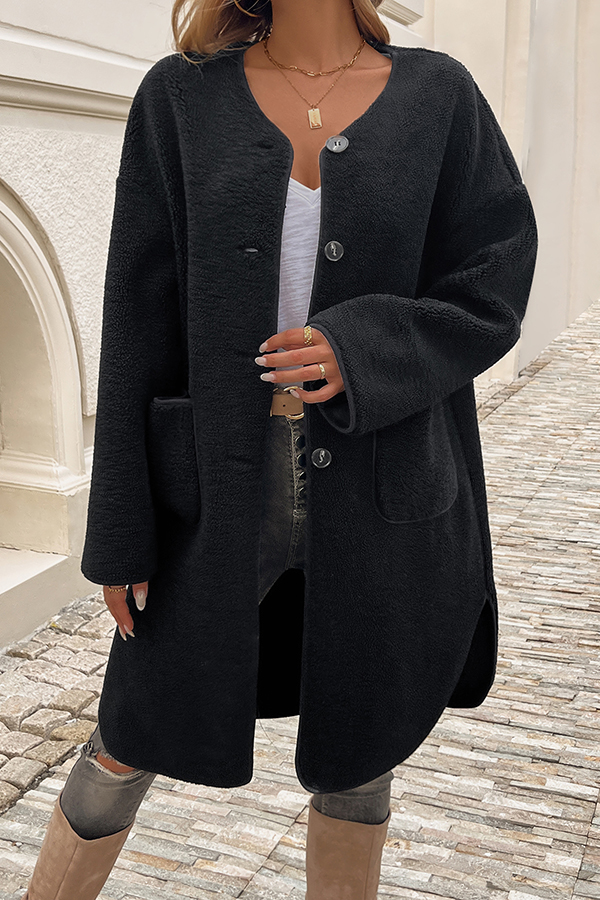 Solid Color Casual Cardigan Buttoned Pocket Mid-length Coat-consonak
