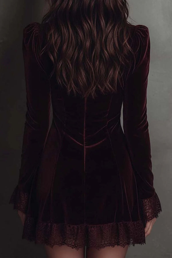 Fashionable Velvet and Lace Patchwork Long-sleeved V-neck Slim-fit Mini Dress-consonak