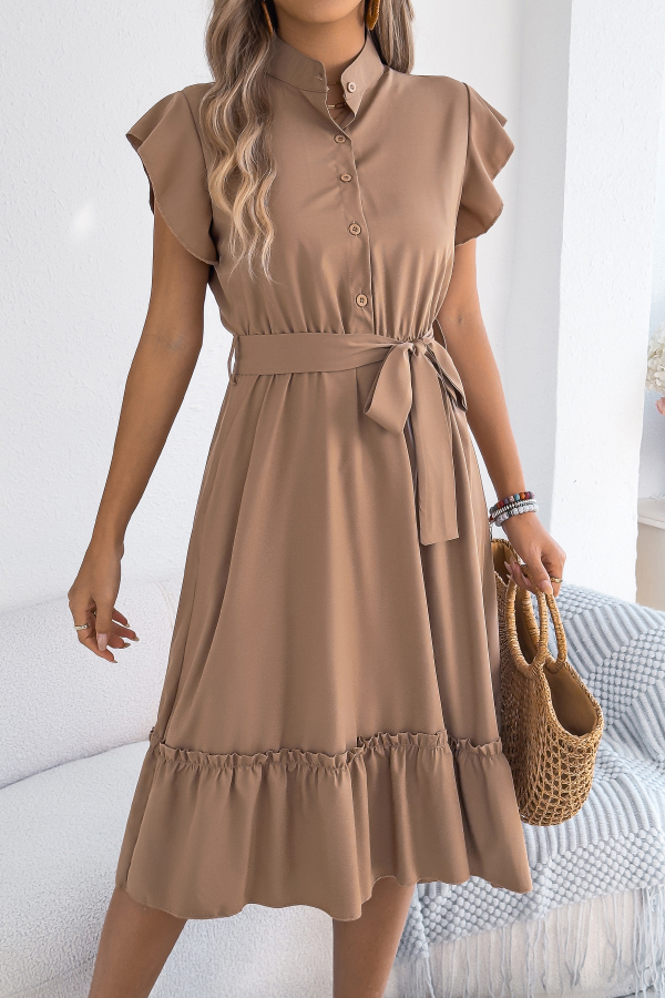Solid Color Stand Collar Button Waist Tie Casual Midi Dress-consonak
