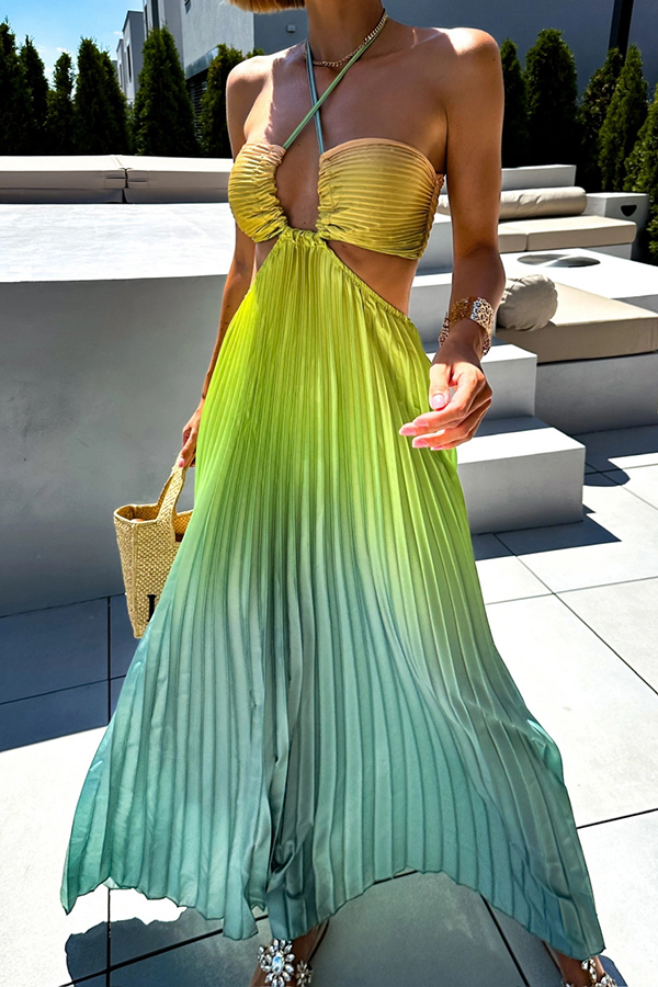 Get Ready Beautiful Gradient Print Cutout Halterneck Pleated Maxi Dress-consonak