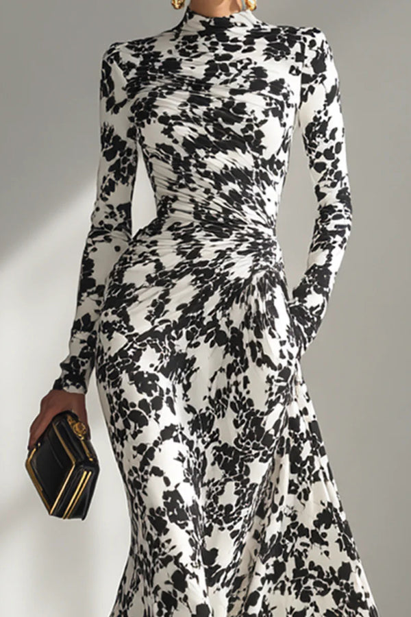 Black and White Color-blocked Printed Long-sleeved Pocket Slim-fit Pleated Maxi Dress | Consonak