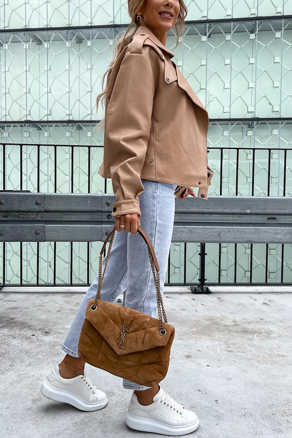 Stylish Leather Lapel Pocket British Style Cropped Jacket-consonak