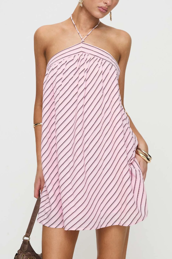 Striped Print Sleeveless Halter Neck Loose Vacation Mini Dress