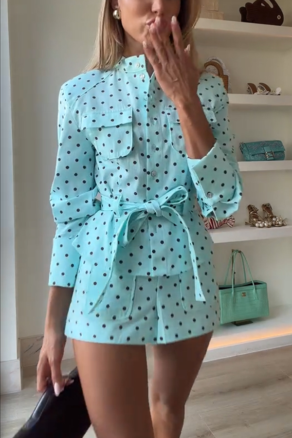 Trisha Linen Blend Polka Dot Stand Neck Belted Jacket and Low-Rise Pocket Mini Shorts Set | Consonak