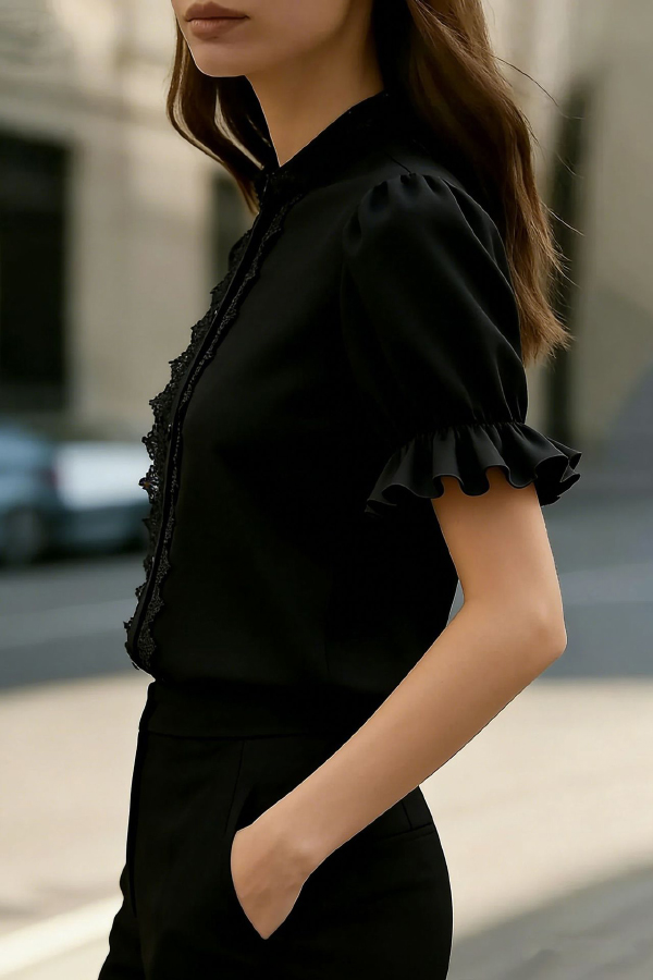 Solid Color Lace Patchwork Stand Collar Puff Sleeve Casual Shirt
