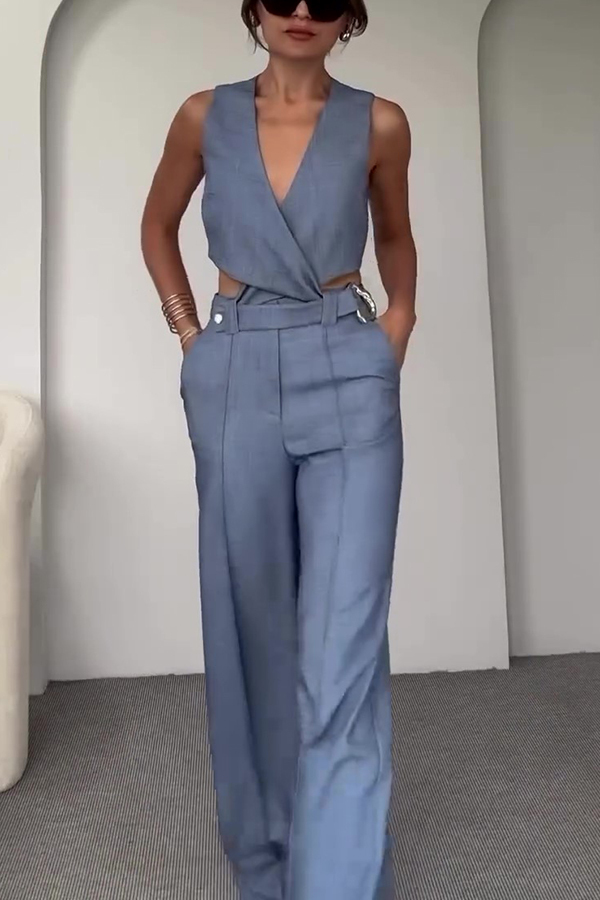 Crossover Slim Fit Sleeveless Vest and High Waisted Wide Leg Pants Set-consonak