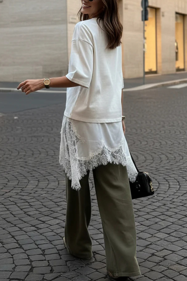 Stylish Round Neck Short-sleeved Patchwork Lace Hem Loose T-shirt-consonak