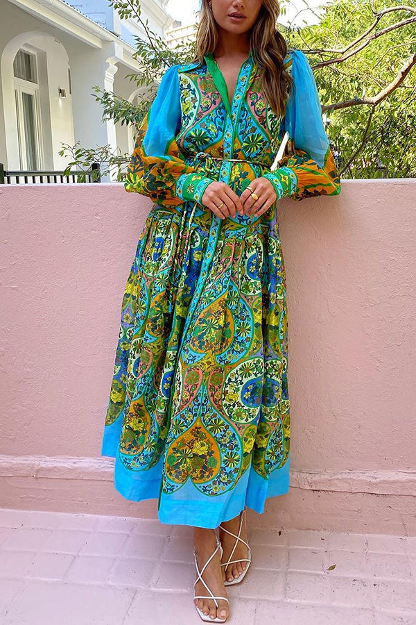 Feeling Butterflies Multi Unique Print Balloon Sleeve Belt Shirt Midi Dress-consonak