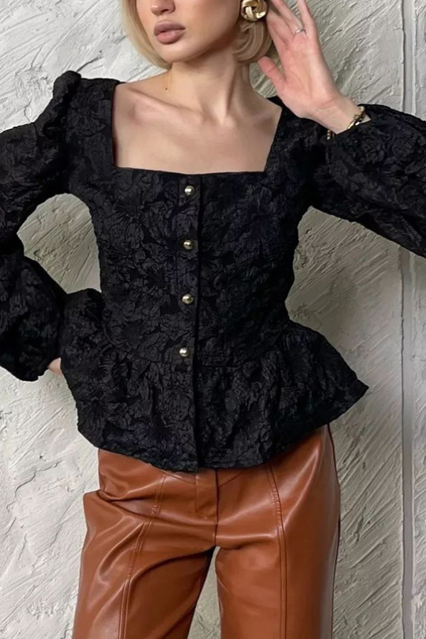 Solid Color Jacquard Square Neck Puff Sleeve Elegant Button Top | Consonak