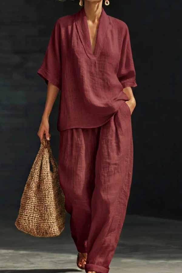 Solid Color V-neck Short-sleeved Loose Top and Casual Elastic Waist Pocket Pants Set