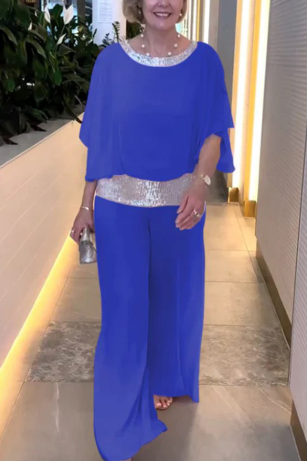 Stylish Sequin Patchwork Dolman Sleeve Top and Elastic Waist Wide Leg Pants Set-consonak