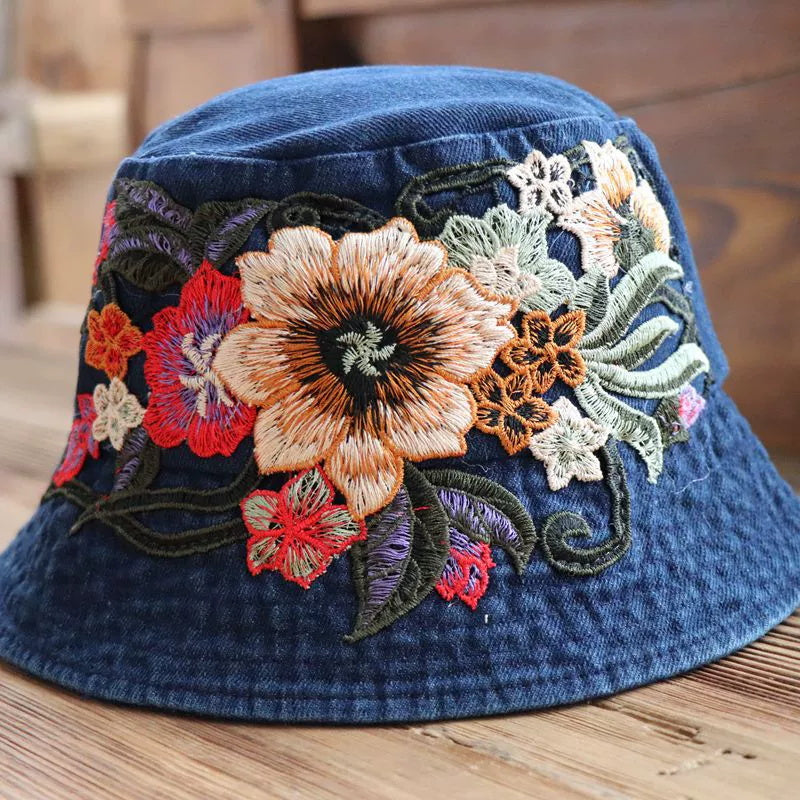 Fashionable Ethnic Style Embroidered Denim Bucket Hat-consonak