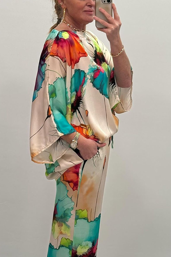 Satin Botanical Print Crew Neck Casual Top and Elastic Waist Loose Pocket Pants Set-consonak