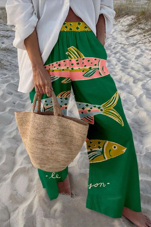 Unique Marine Print Elastic Waist Loose Pocket Pants-consonak