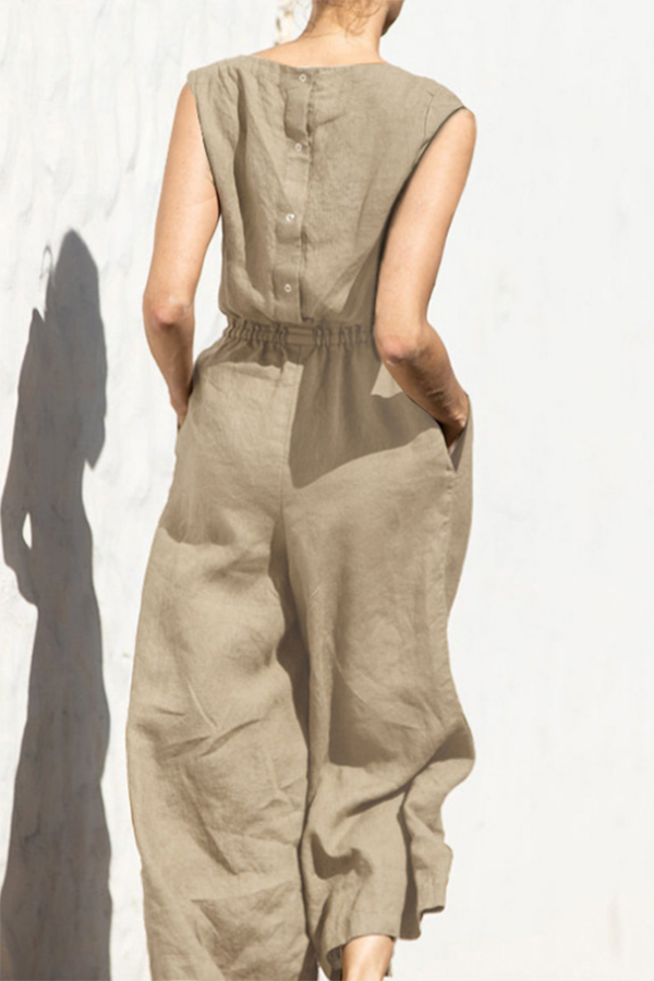 Fern Linen Blend Pocketed Button Back Elastic Waist Jumpsuit-consonak