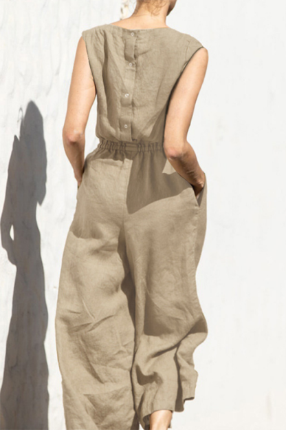 Fern Linen Blend Pocketed Button Back Elastic Waist Jumpsuit-consonak