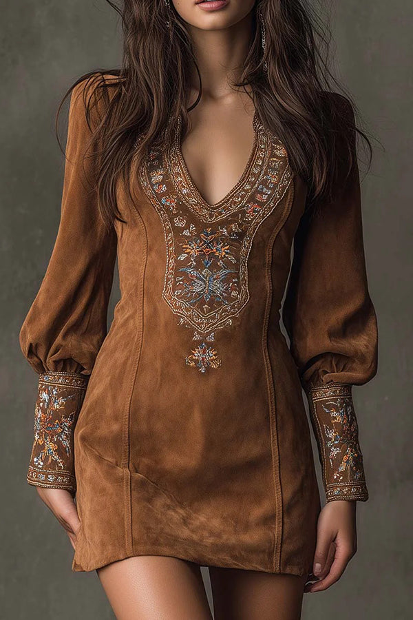 Fashionable Suede Embroidered V-neck Long-sleeved Slim-fit Mini Dress-consonak