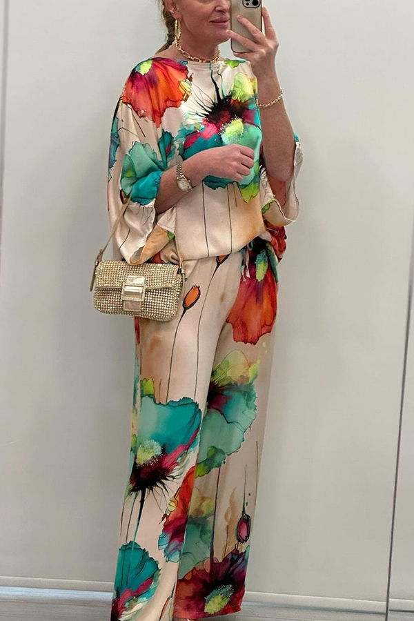 Satin Botanical Print Crew Neck Casual Top and Elastic Waist Loose Pocket Pants Set-consonak