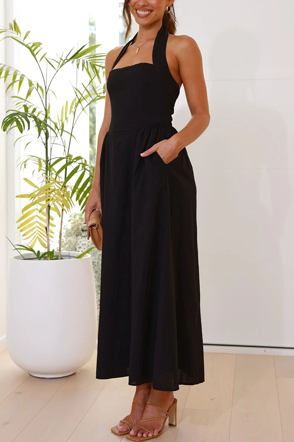 Brunch in Bali Linen Blend Halter Neck Pocketed Maxi Dress-consonak